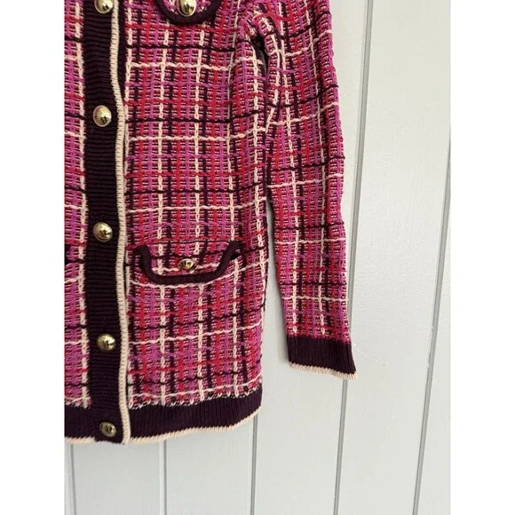 Ann Taylor Tweed Cardigan Sweater Jacket S Small Pink Ivory Gold Buttons Pockets - Picture 2 of 8